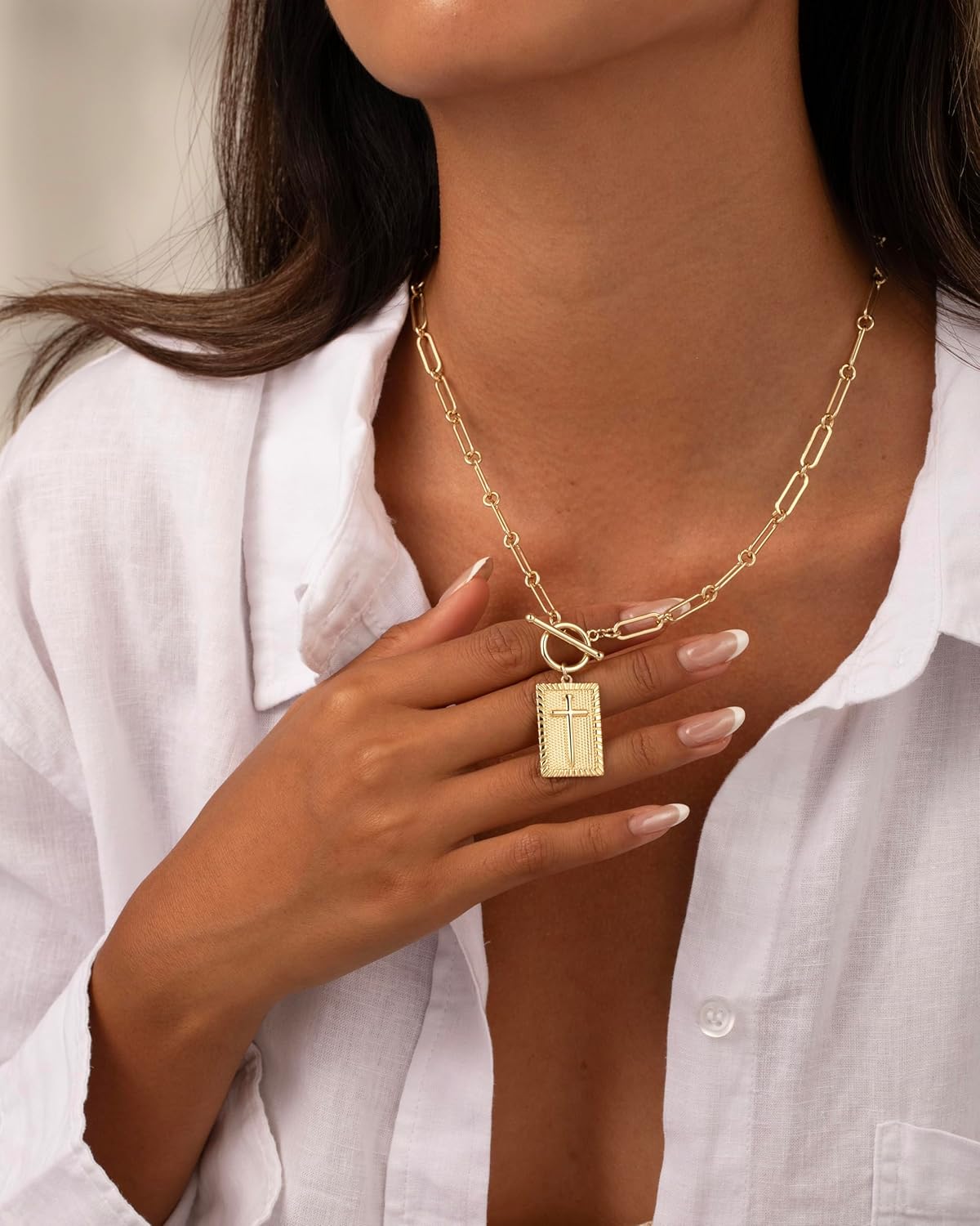 Cilifer® Gold and Silver Cross Pendant Necklace for Women. Toggle Clasp Rectangle Cross Charm Necklace. Dainty Paperclip Chain Religious Jewelry Gift for Christian Faith. Baptism.