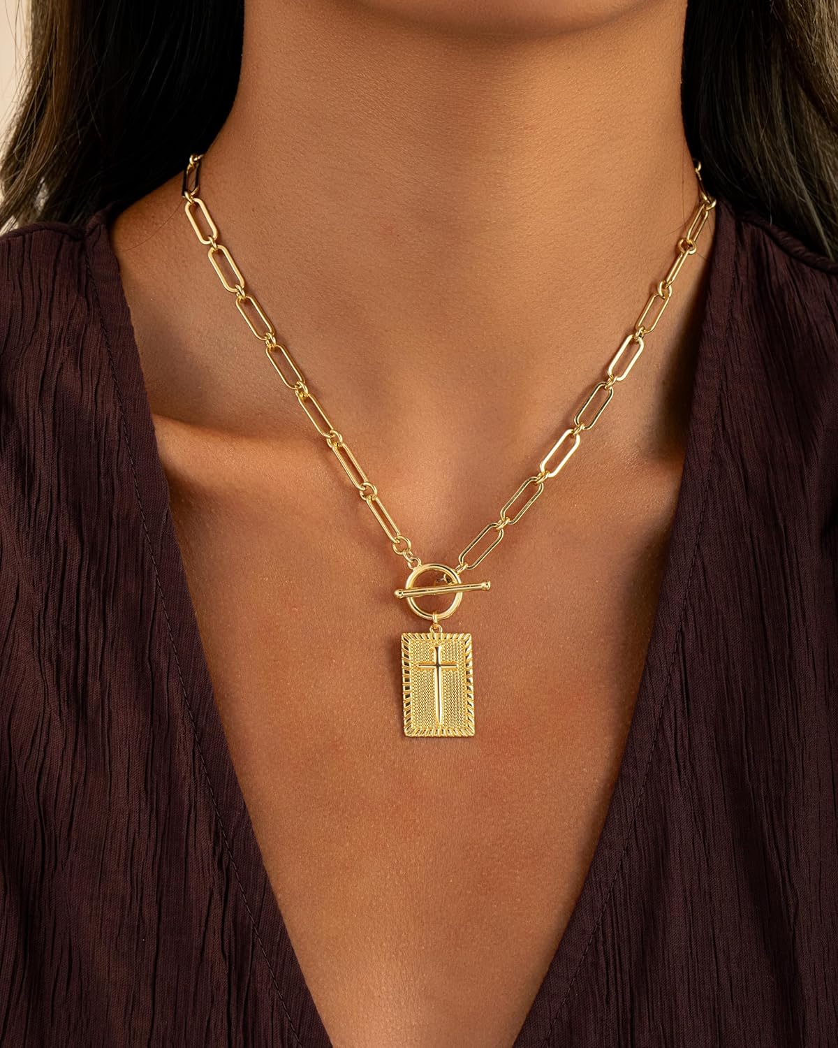 Cilifer® Gold and Silver Cross Pendant Necklace for Women. Toggle Clasp Rectangle Cross Charm Necklace. Dainty Paperclip Chain Religious Jewelry Gift for Christian Faith. Baptism.