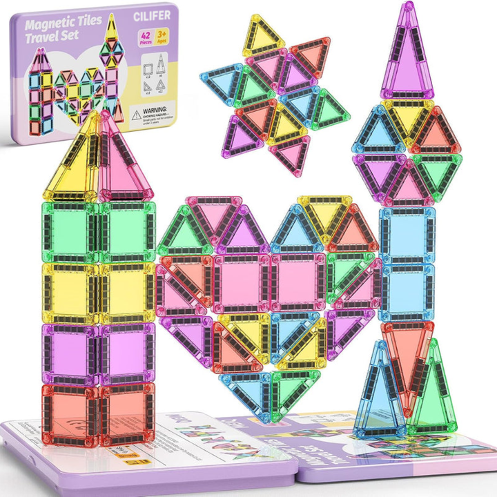 CILIFER® 42-Piece Mini Magnetic Tiles Travel Set with Metal Storage Box - Portable STEM Building Blocks for Kids Ages 3-8. Montessori Educational Toys for Airplane & Car Rides. Gift for Boys & Girls