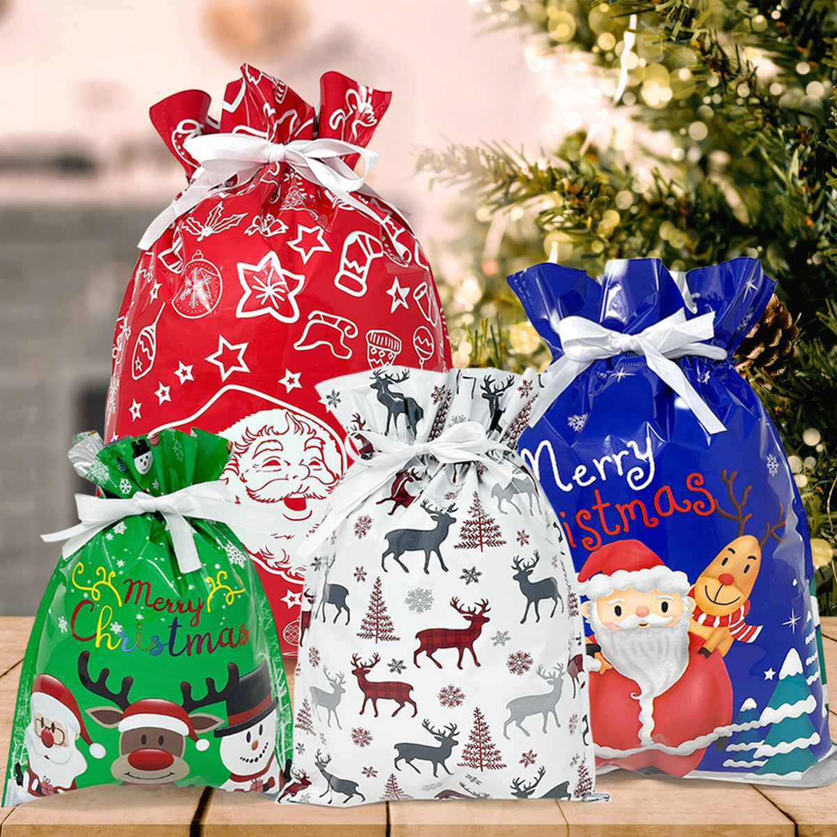 CZTICLE® Aluminum Foil Christmas Holiday Drawstring Gift Bags for Party Favors, Goodie Bag, Treats, Gift Wrap, Parties