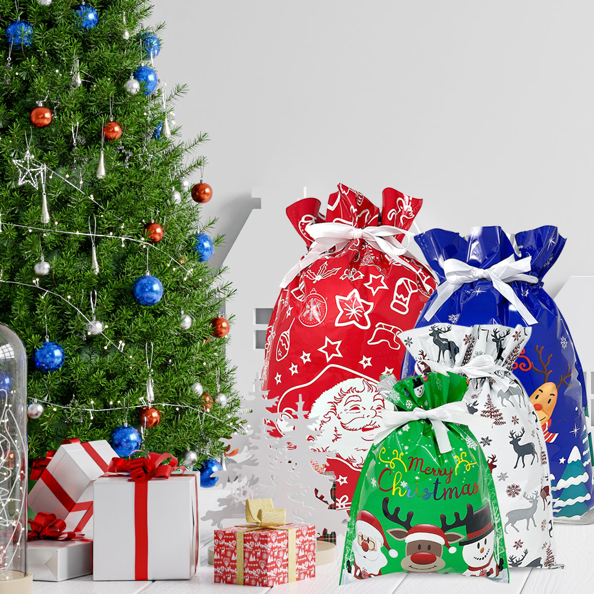 CZTICLE® Aluminum Foil Christmas Holiday Drawstring Gift Bags for Party Favors, Goodie Bag, Treats, Gift Wrap, Parties