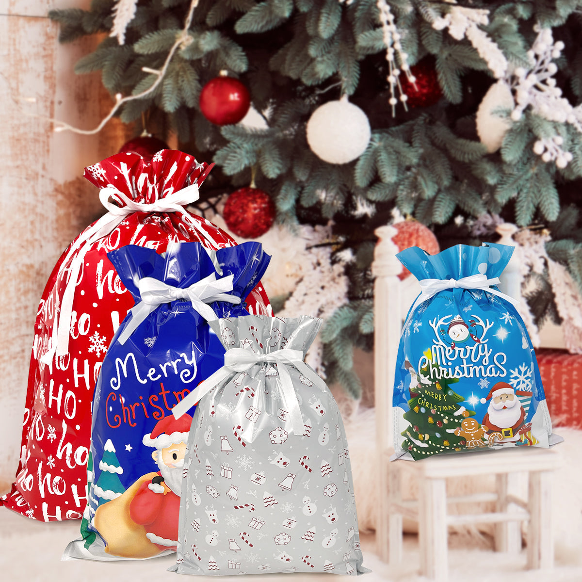 CZTICLE® Aluminum Foil Christmas Holiday Drawstring Gift Bags for Party Favors, Goodie Bag, Treats, Gift Wrap, Parties