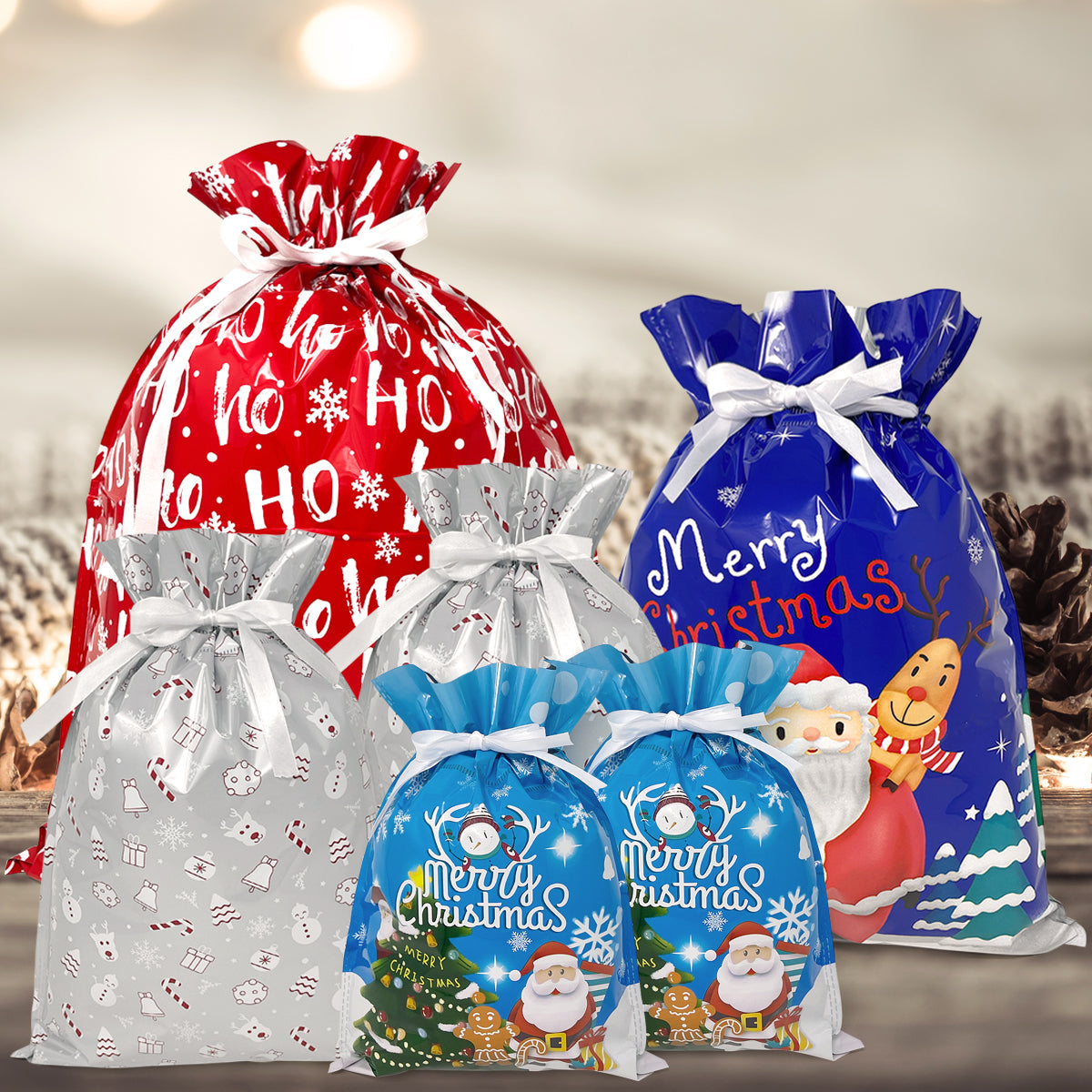 CZTICLE® Aluminum Foil Christmas Holiday Drawstring Gift Bags for Party Favors, Goodie Bag, Treats, Gift Wrap, Parties