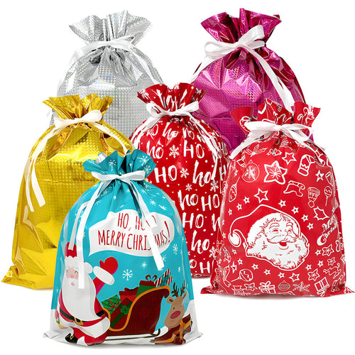 CZTICLE® Aluminum Foil Christmas Holiday Drawstring Gift Bags for Party Favors, Goodie Bag, Treats, Gift Wrap, Parties