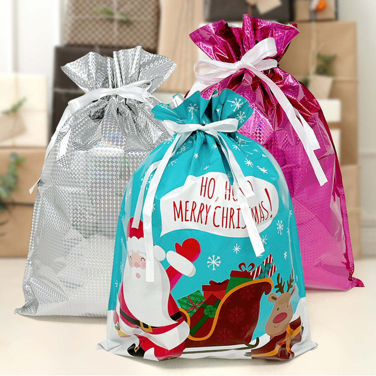 CZTICLE® Aluminum Foil Christmas Holiday Drawstring Gift Bags for Party Favors, Goodie Bag, Treats, Gift Wrap, Parties