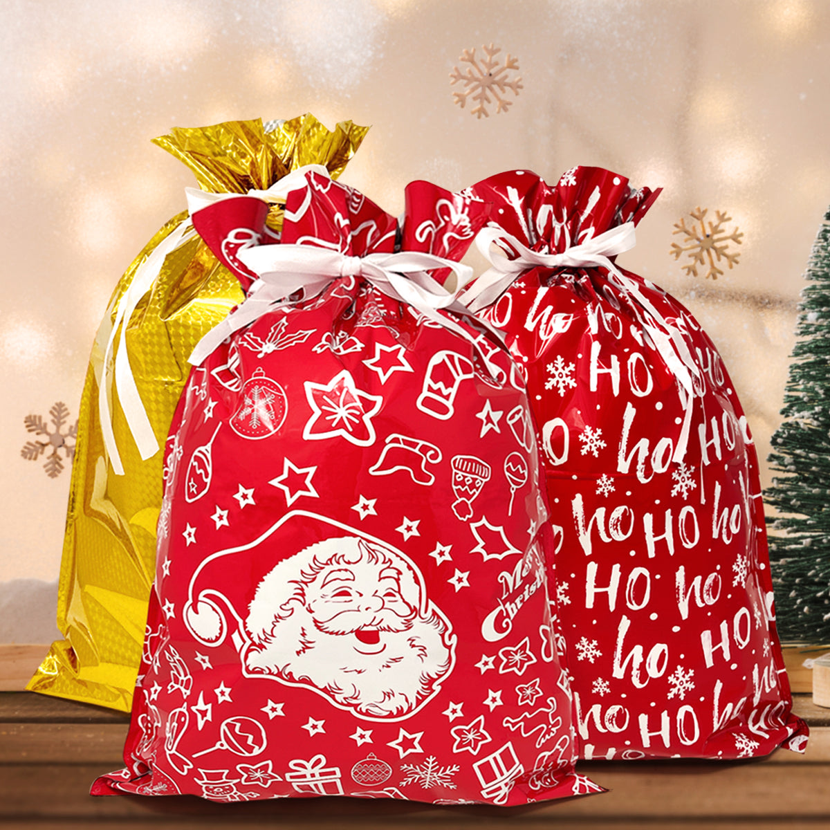 CZTICLE® Aluminum Foil Christmas Holiday Drawstring Gift Bags for Party Favors, Goodie Bag, Treats, Gift Wrap, Parties