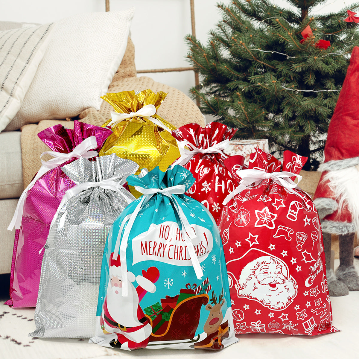 CZTICLE® Aluminum Foil Christmas Holiday Drawstring Gift Bags for Party Favors, Goodie Bag, Treats, Gift Wrap, Parties