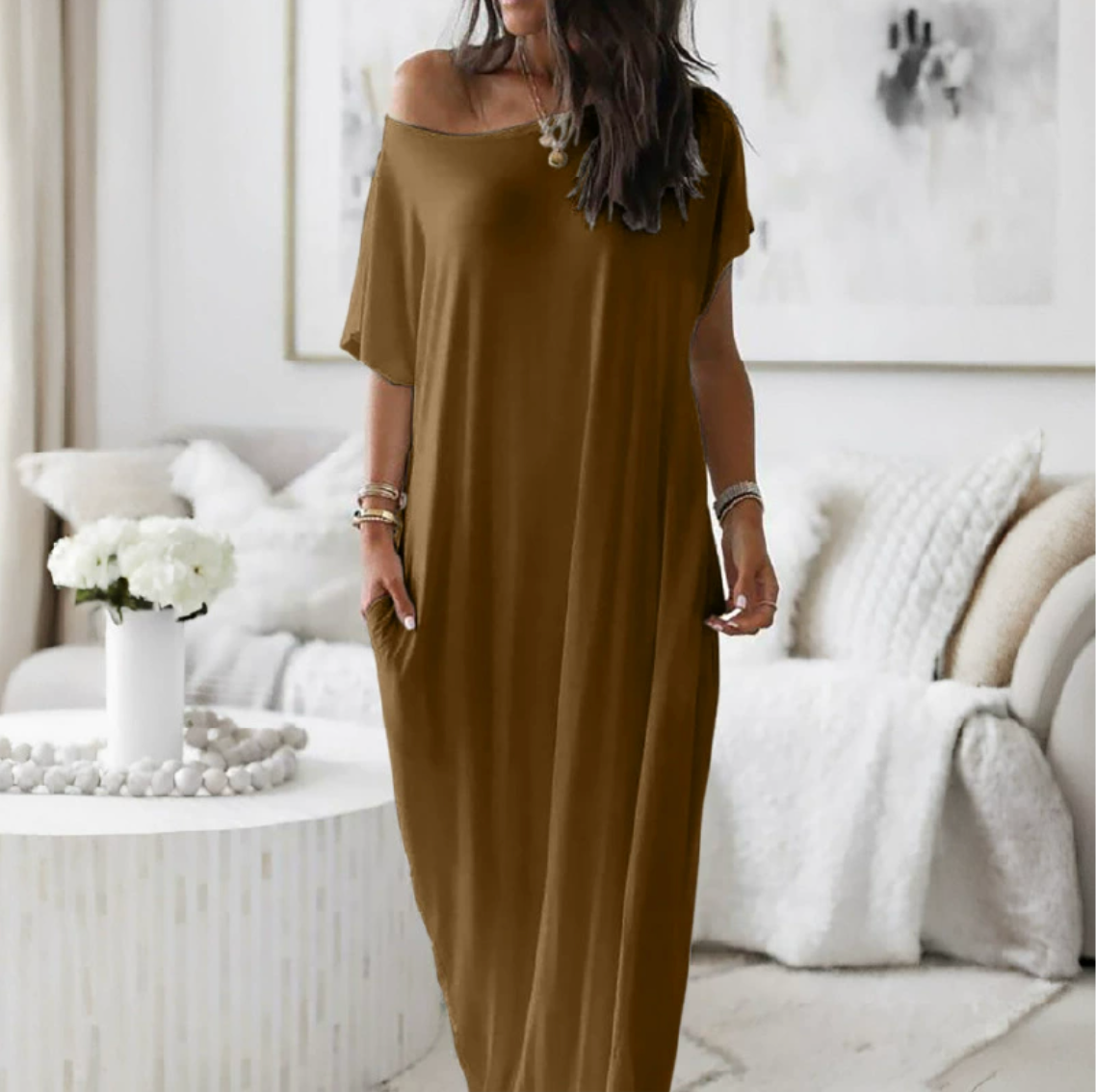 2025 WOMEN'S OFF-SHOULDER SOLID COLOR BAT SLEEVE DRESS CASUAL LONG DRESS