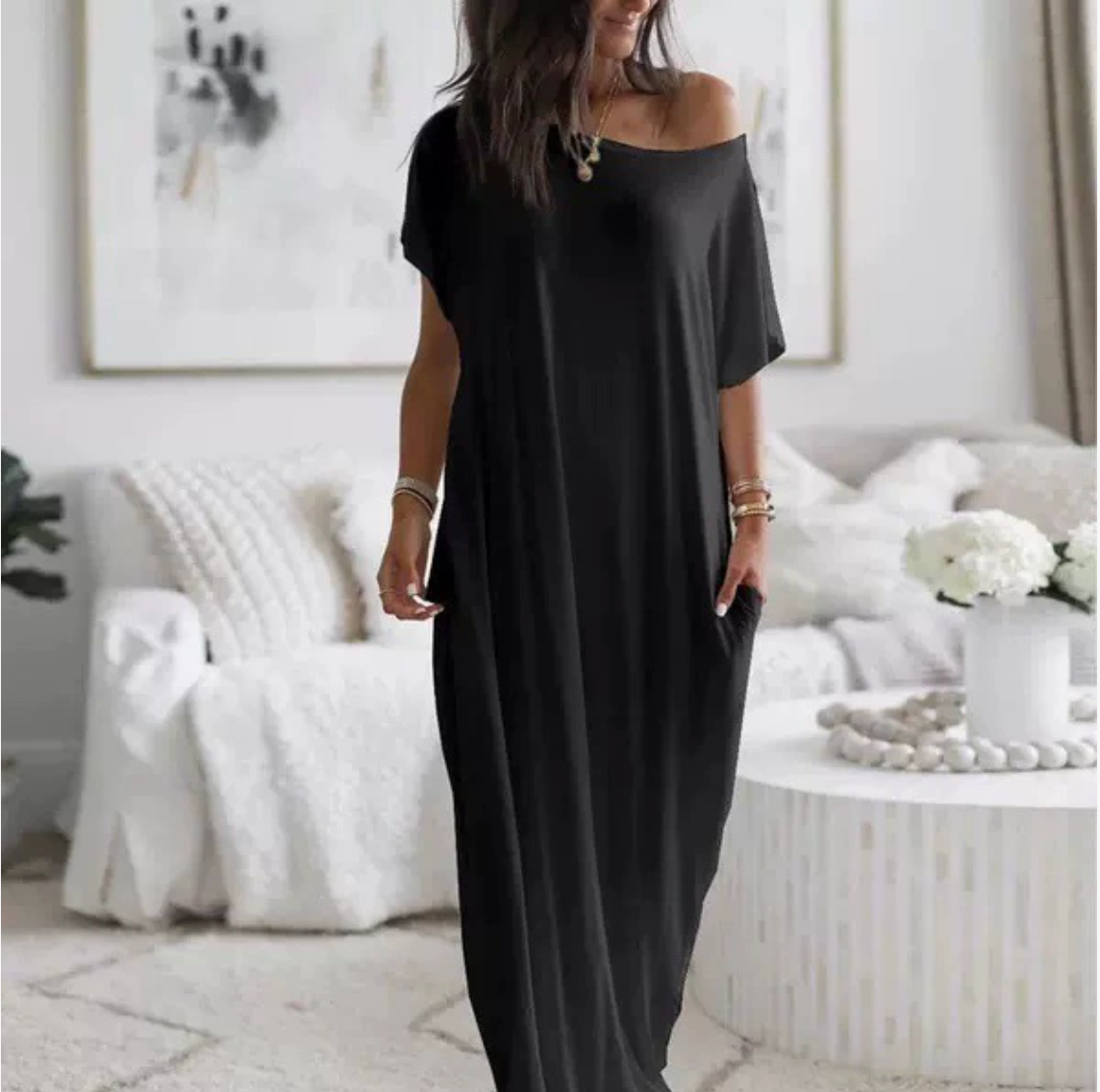 2025 WOMEN'S OFF-SHOULDER SOLID COLOR BAT SLEEVE DRESS CASUAL LONG DRESS