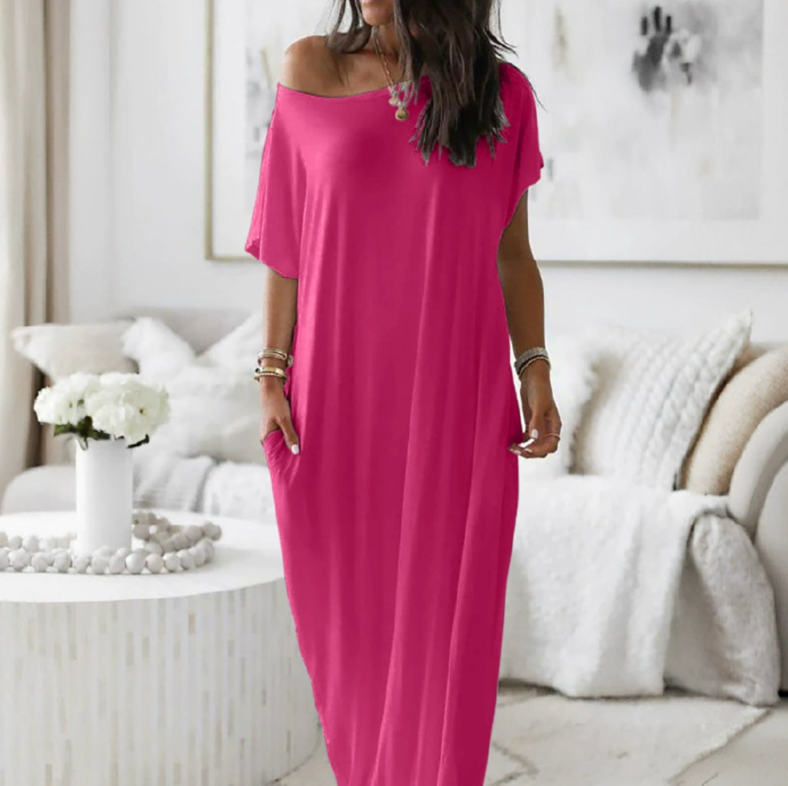 2025 WOMEN'S OFF-SHOULDER SOLID COLOR BAT SLEEVE DRESS CASUAL LONG DRESS
