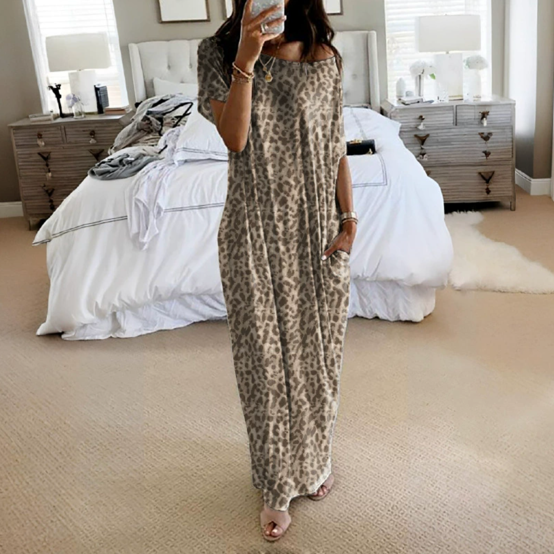 2025 WOMEN'S OFF-SHOULDER SOLID COLOR BAT SLEEVE DRESS CASUAL LONG DRESS