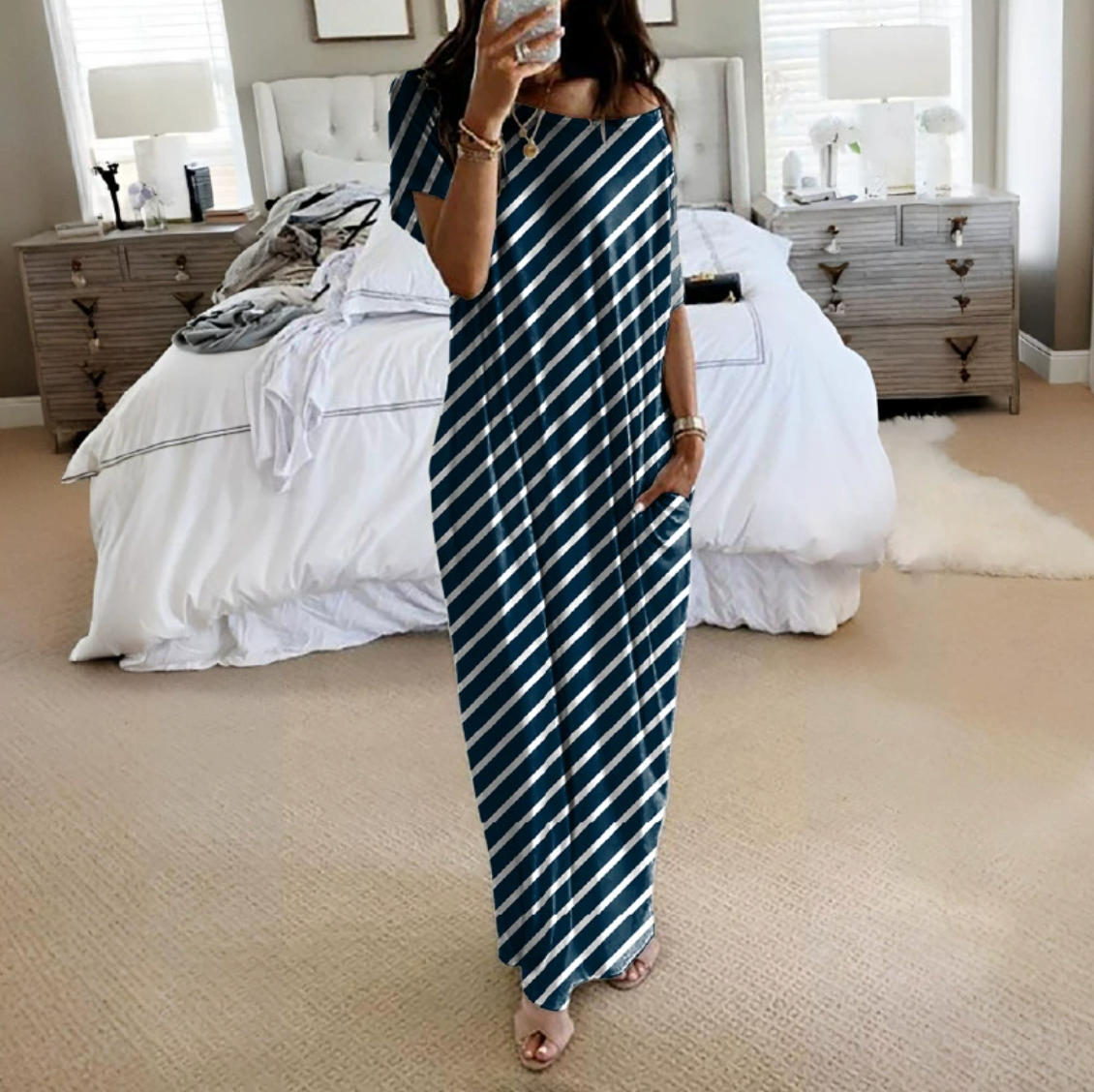 2025 WOMEN'S OFF-SHOULDER SOLID COLOR BAT SLEEVE DRESS CASUAL LONG DRESS