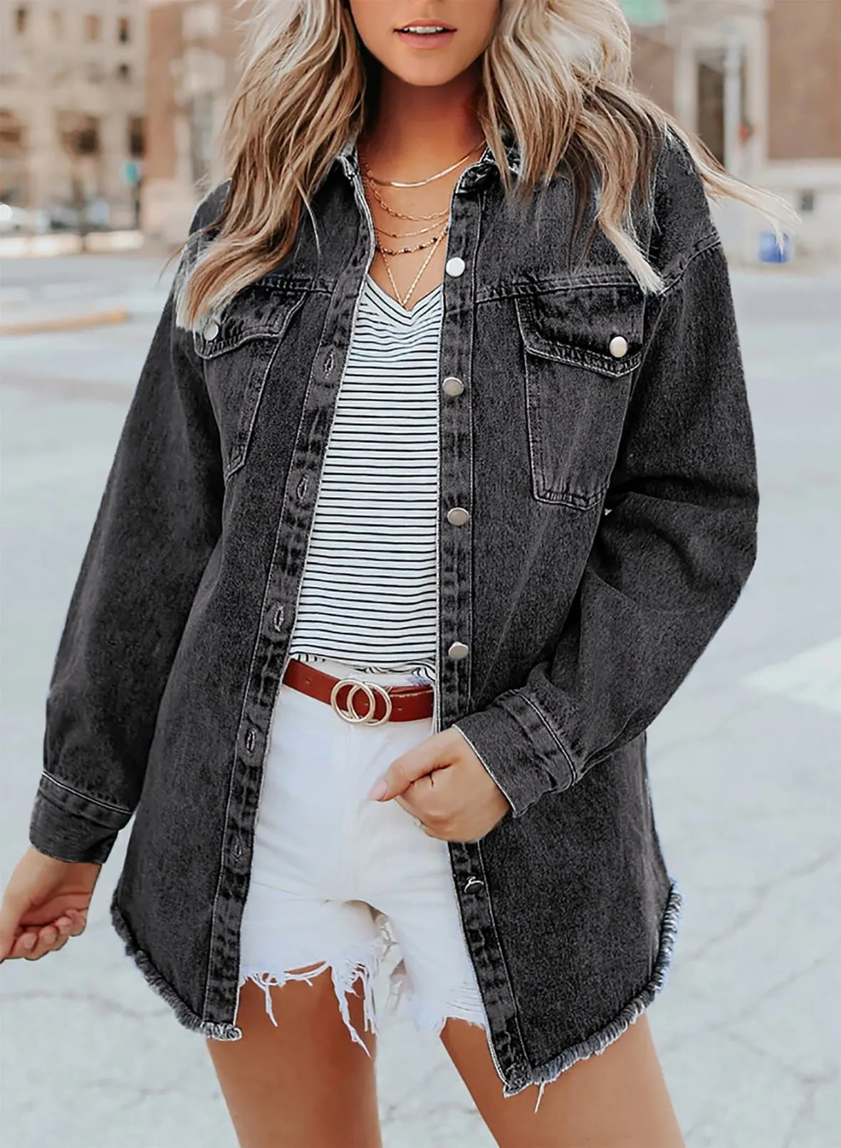 SFRCORD® Women's Casual Denim Button Down Distressed Jacket