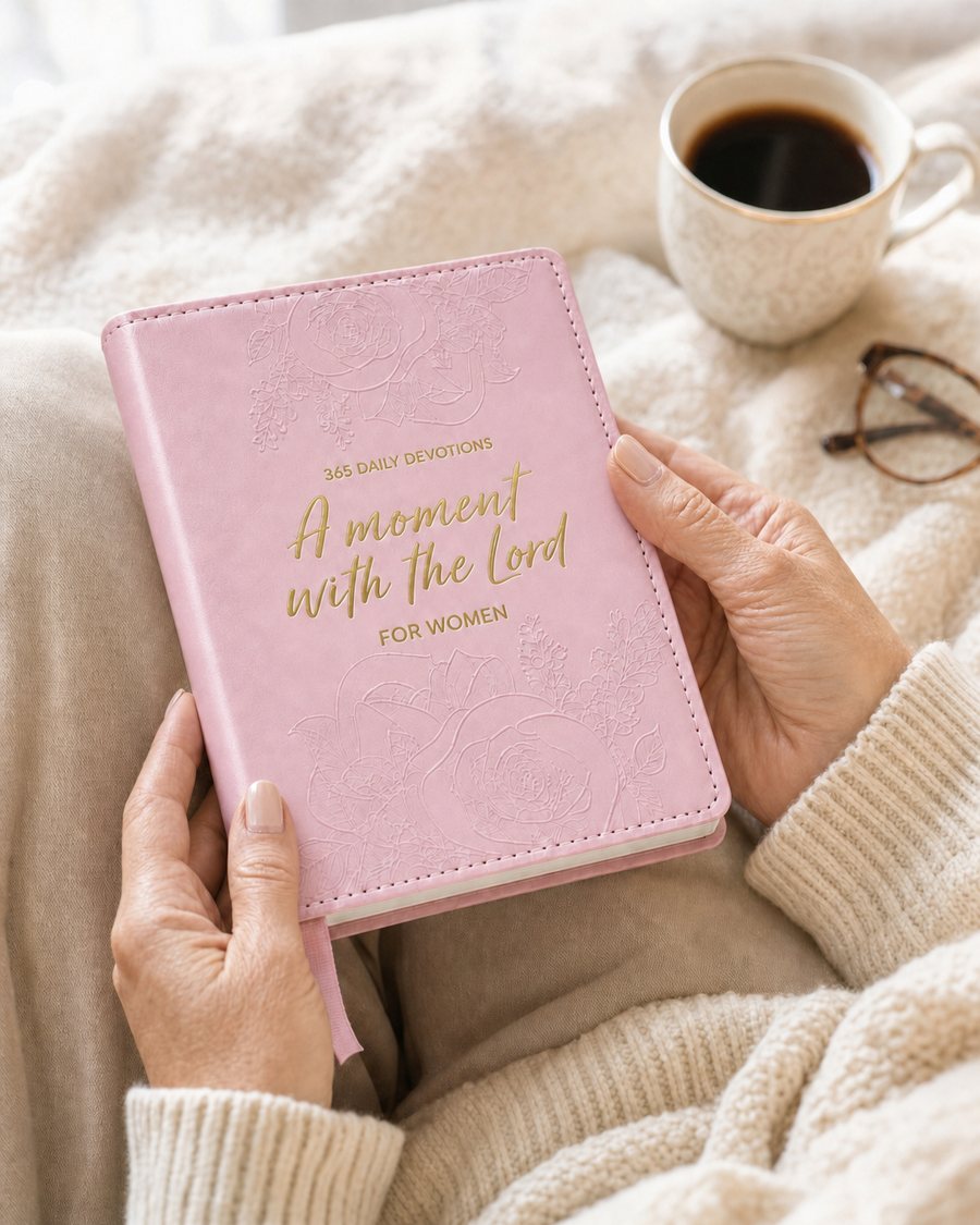 Woman holding the devotional with a cup of coffee in soft morning light