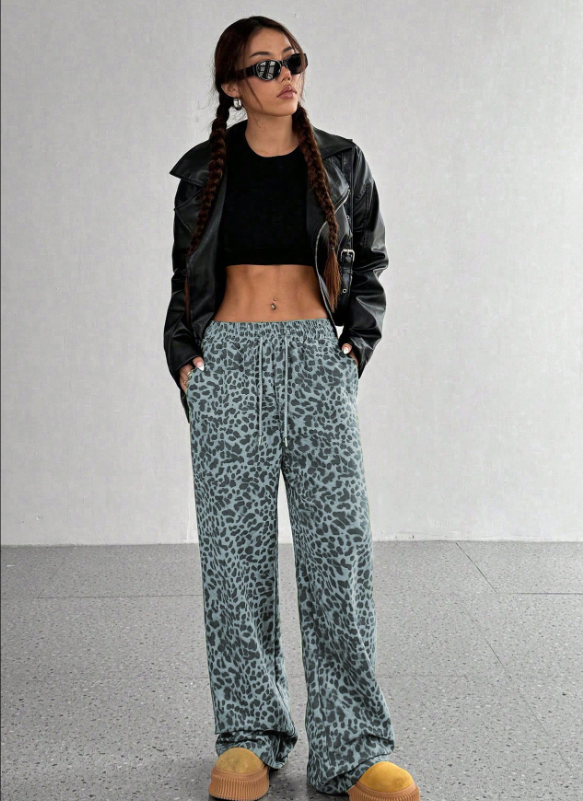 SFRCORD® Women's Leopard Print Loose Straight Leg Casual Trousers, High-End Slimming