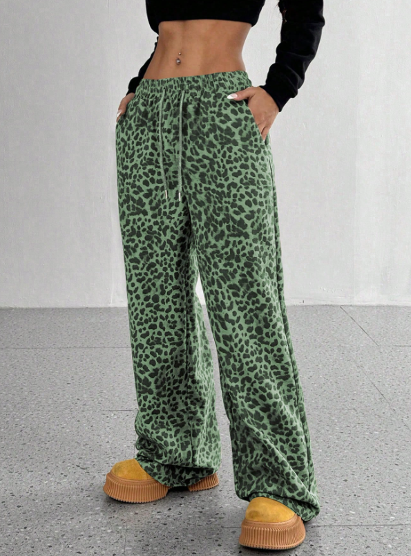 SFRCORD® Women's Leopard Print Loose Straight Leg Casual Trousers, High-End Slimming