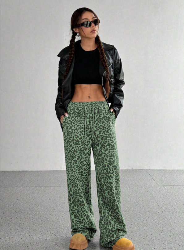 SFRCORD® Women's Leopard Print Loose Straight Leg Casual Trousers, High-End Slimming