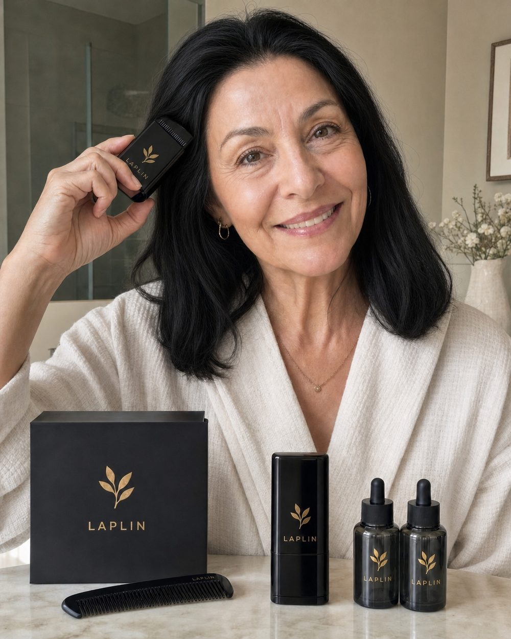 A woman using the LAPLIN color-comb stick.