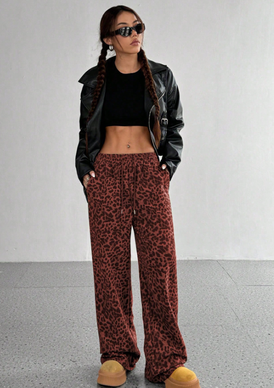 SFRCORD® Women's Leopard Print Loose Straight Leg Casual Trousers, High-End Slimming