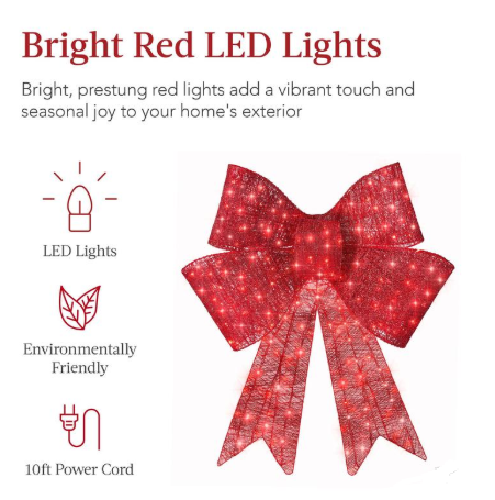CATICLE® Best Choice Products Pre-Lit Christmas Bow, Large Outdoor LED Lighted Holiday Décor w/ 8 Light Functions, Hook