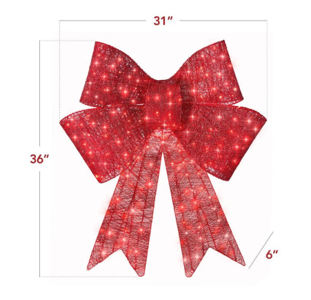 CATICLE® Best Choice Products Pre-Lit Christmas Bow, Large Outdoor LED Lighted Holiday Décor w/ 8 Light Functions, Hook