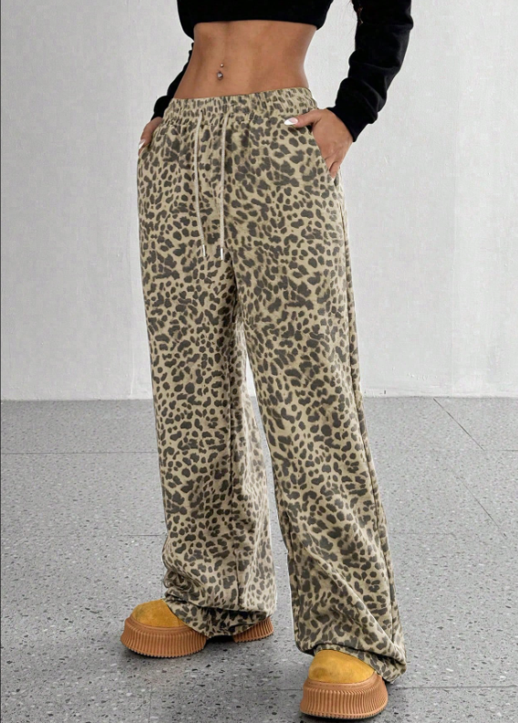 SFRCORD® Women's Leopard Print Loose Straight Leg Casual Trousers, High-End Slimming
