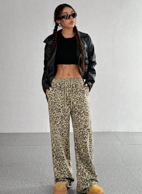 SFRCORD® Women's Leopard Print Loose Straight Leg Casual Trousers, High-End Slimming