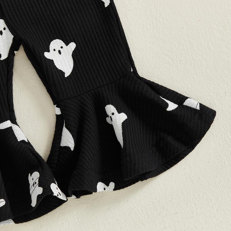 SFRCORD® Halloween Toddler Girl Bell BottomJumpsuit Boo Embroidery Ghost Print RomperBaby Spaghetti Straps Overalls Flare Pant KidPlaysuit
