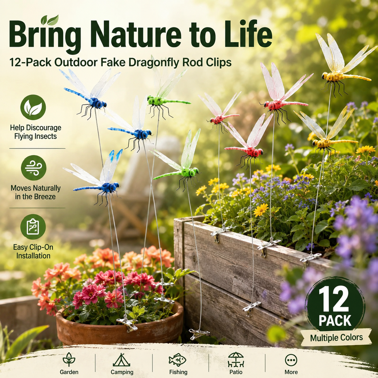 12-Pack Outdoor Dragonfly Clips – Chemical-Free Visual Bug Deterrent for Garden, Patio & Camping