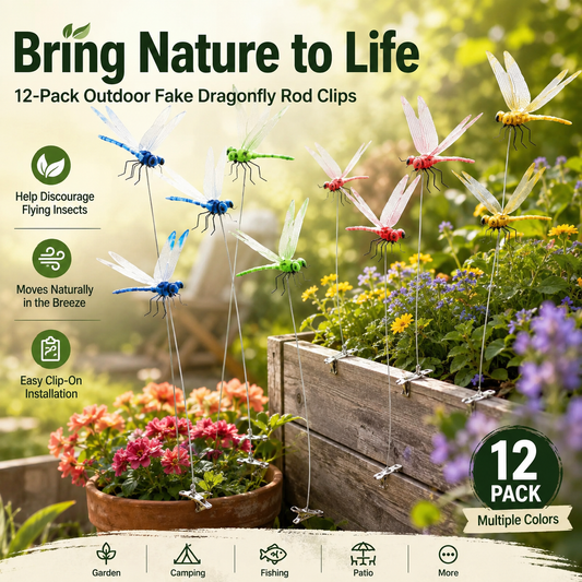 12-Pack Outdoor Dragonfly Clips – Chemical-Free Visual Bug Deterrent for Garden, Patio & Camping