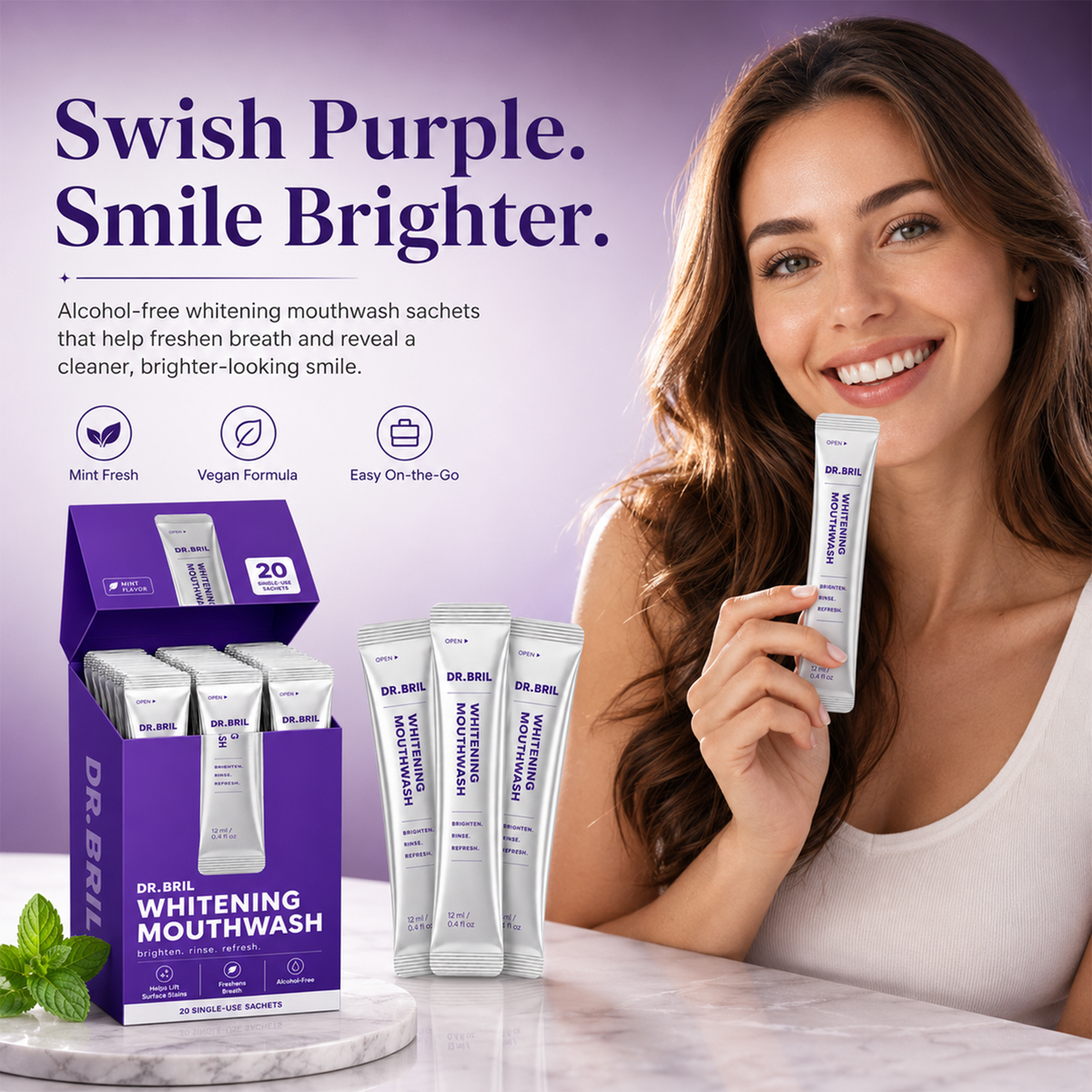 DR. BRIL Purple Mouthwash for Teeth Whitening - Color Correcting Mouthwash Sachets（20PCS)