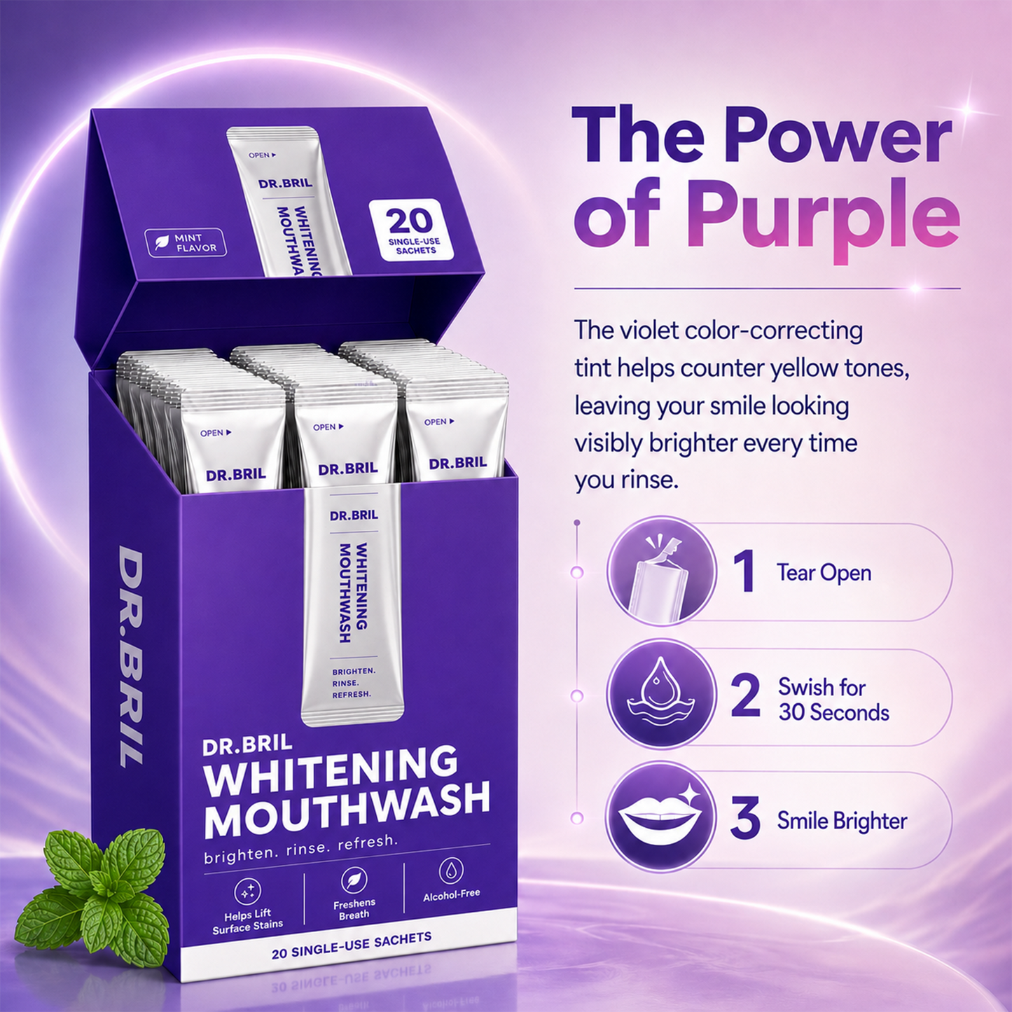 DR. BRIL Purple Mouthwash for Teeth Whitening - Color Correcting Mouthwash Sachets（20PCS)