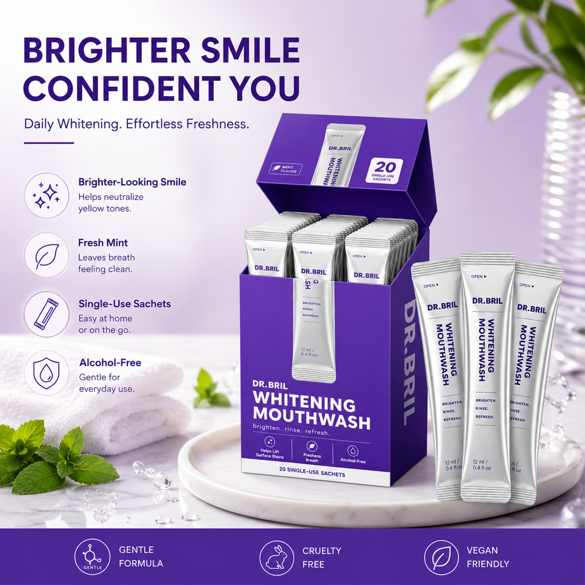DR. BRIL Purple Mouthwash for Teeth Whitening - Color Correcting Mouthwash Sachets（20PCS)