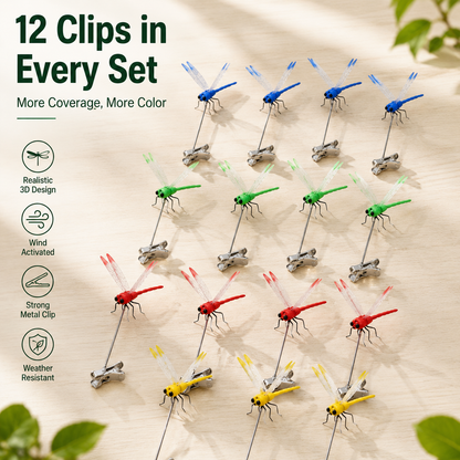 12-Pack Outdoor Dragonfly Clips – Chemical-Free Visual Bug Deterrent for Garden, Patio & Camping