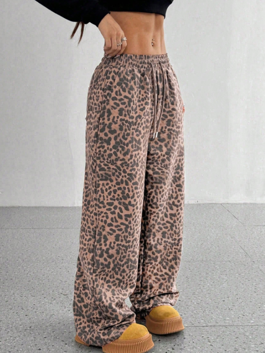SFRCORD® Women's Leopard Print Loose Straight Leg Casual Trousers, High-End Slimming