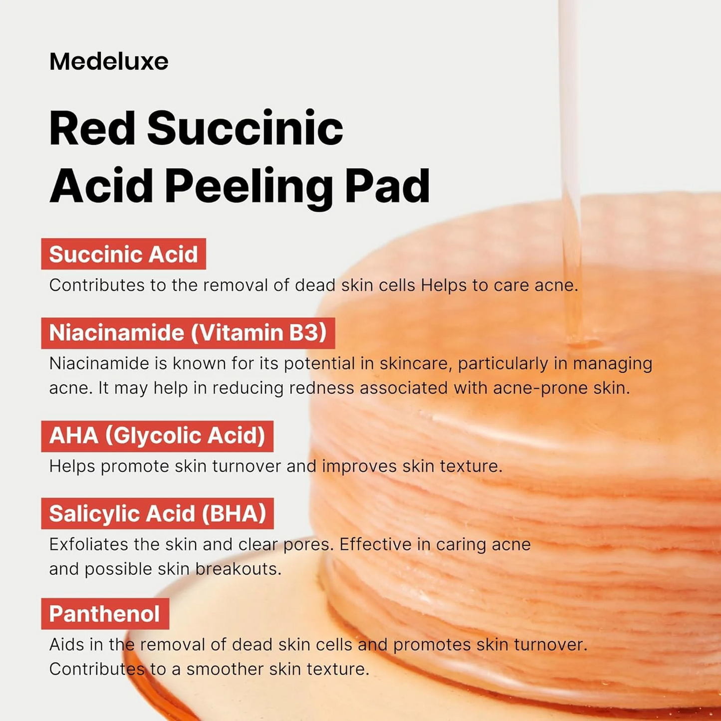 LUHAKA® Red Succinic Acid Panthenol Facial Peeling Pads - Exfoliating Toner Pads for Breakout-Prone Skin with Niacinamide. AHA. BHA. and Soothing Panthenol - Non-Comedogenic