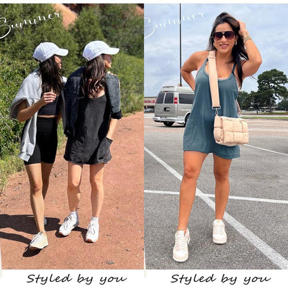 SFRCORD® 2025 Hot Sale🔥Women's Athletic Sleeveless Mini Dress with Built-in Shorts V Neck Spaghetti Strap Short Tennis Dress with Pockets