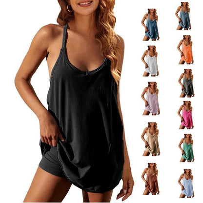 SFRCORD® 2025 Hot Sale🔥Women's Athletic Sleeveless Mini Dress with Built-in Shorts V Neck Spaghetti Strap Short Tennis Dress with Pockets