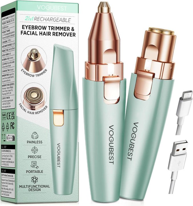 CILIFER® VOGUBEST Eyebrow Facial Trimmer: 2 in1 Rechargeable Facial Hair Removal and Eyebrow Shaver - Face Lips Body Painless Facial Razor with Built-in LED Light (Green)