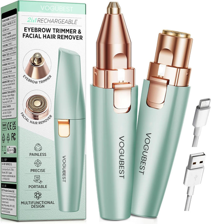 CILIFER® VOGUBEST Eyebrow Facial Trimmer: 2 in1 Rechargeable Facial Hair Removal and Eyebrow Shaver - Face Lips Body Painless Facial Razor with Built-in LED Light (Green)