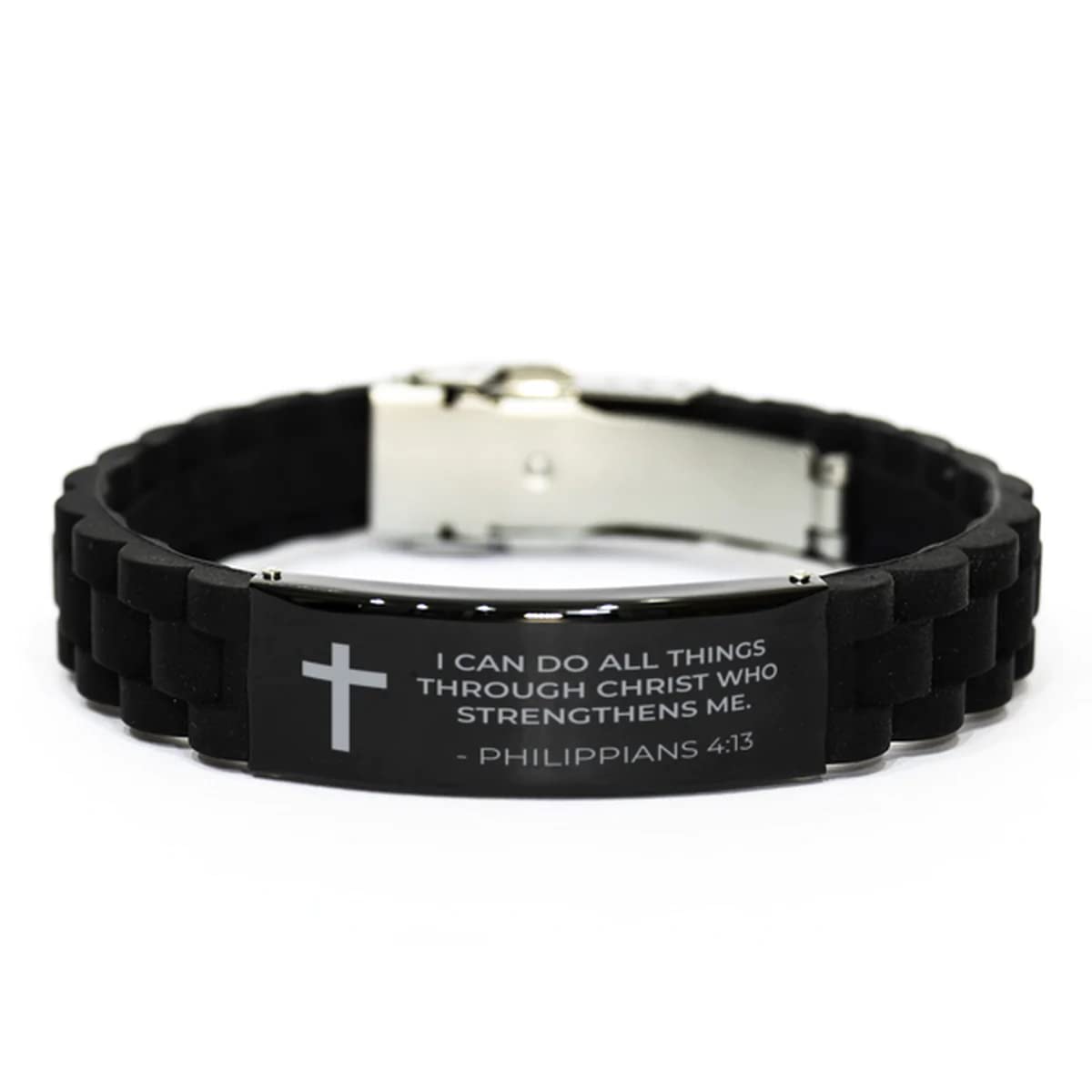 CZTICLE® Baptism Gifts For Teenage Boys. Religious Catholic Christian Bracelet For Men. I Can Do All Things Through Christ. Stainless Steel Silver Silicone. no gemstone