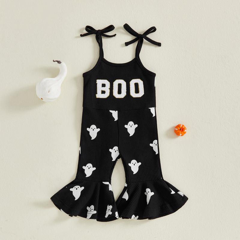 SFRCORD® Halloween Toddler Girl Bell BottomJumpsuit Boo Embroidery Ghost Print RomperBaby Spaghetti Straps Overalls Flare Pant KidPlaysuit