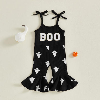 SFRCORD® Halloween Toddler Girl Bell BottomJumpsuit Boo Embroidery Ghost Print RomperBaby Spaghetti Straps Overalls Flare Pant KidPlaysuit