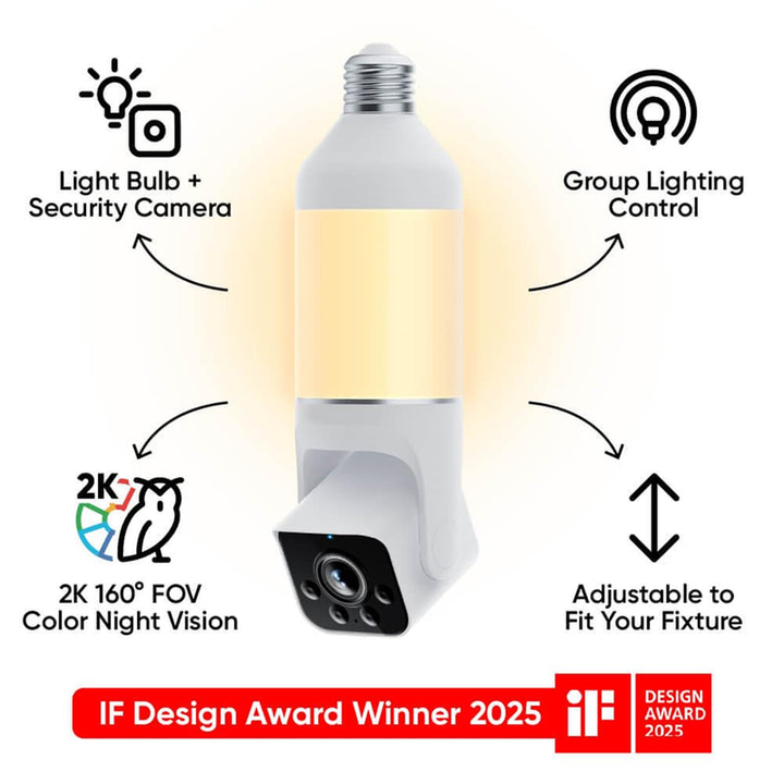 CILIFER® Security Camera, 2K HD Outdoor Light Bulb Camera, Color Night Vision, Dimmable LED Bulb, Motion Detection, Siren Alarm, Works w/Alexa/Google Assistant.