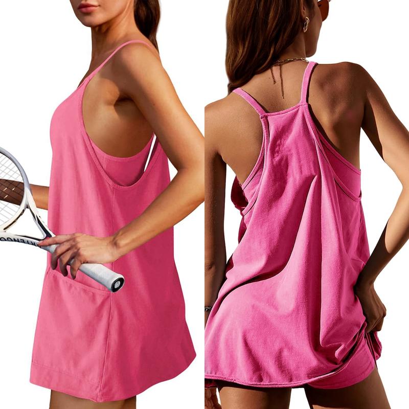 SFRCORD® 2025 Hot Sale🔥Women's Athletic Sleeveless Mini Dress with Built-in Shorts V Neck Spaghetti Strap Short Tennis Dress with Pockets