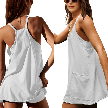 SFRCORD® 2025 Hot Sale🔥Women's Athletic Sleeveless Mini Dress with Built-in Shorts V Neck Spaghetti Strap Short Tennis Dress with Pockets