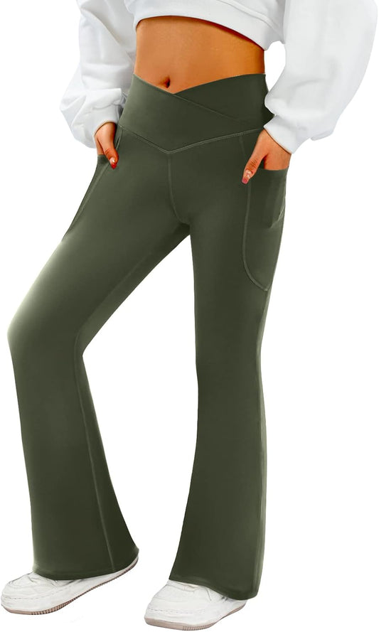 SFRCORD® Women's Flare Yoga Pants with Pockets-V Crossover High Waisted Bootcut Yoga Leggings-Flare Workout Gym Leggings