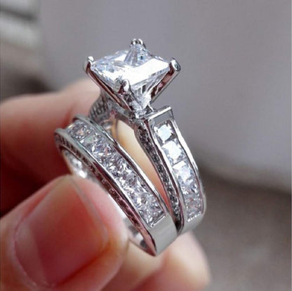 CILIFER® 2-in-1 Womens Vintage Princess Cut Topaz Cz 10KT White Gold Filled White Diamond Silver Engagement Wedding Band Ring Set Size6-10 (US Code 8)