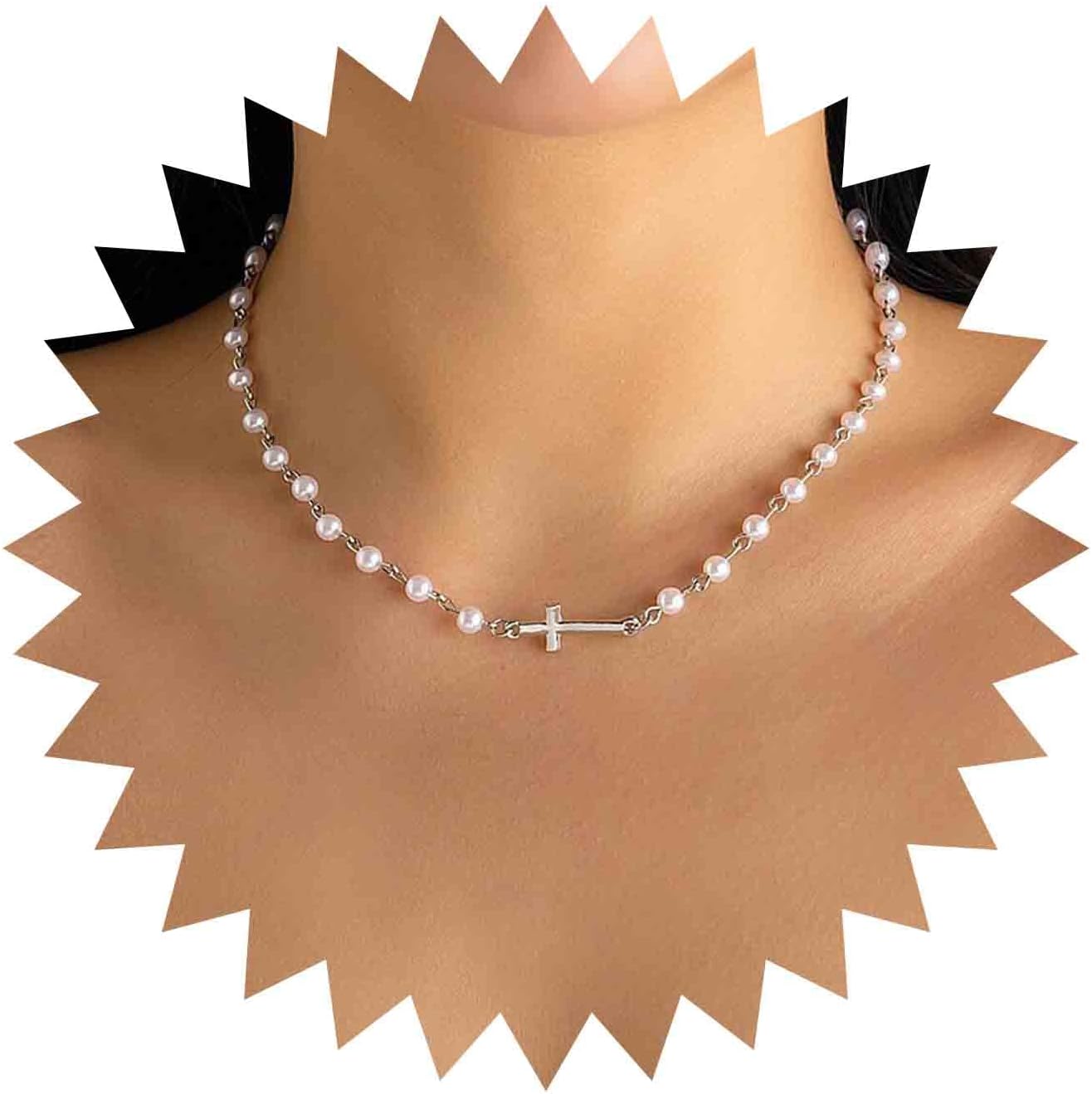 CZTICLE® Pearl Choker Necklace Gold Pearl Necklace Choker Vintage Cross Crucifix Necklace Minimalist Pearl Cross Necklace Jewelry for Women