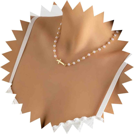 CZTICLE® Pearl Choker Necklace Gold Pearl Necklace Choker Vintage Cross Crucifix Necklace Minimalist Pearl Cross Necklace Jewelry for Women